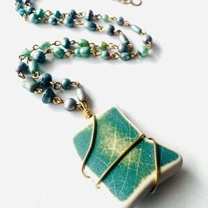 Handcrafted OOAK Teal Green and Gold Pendant Necklace with a Hurricane history